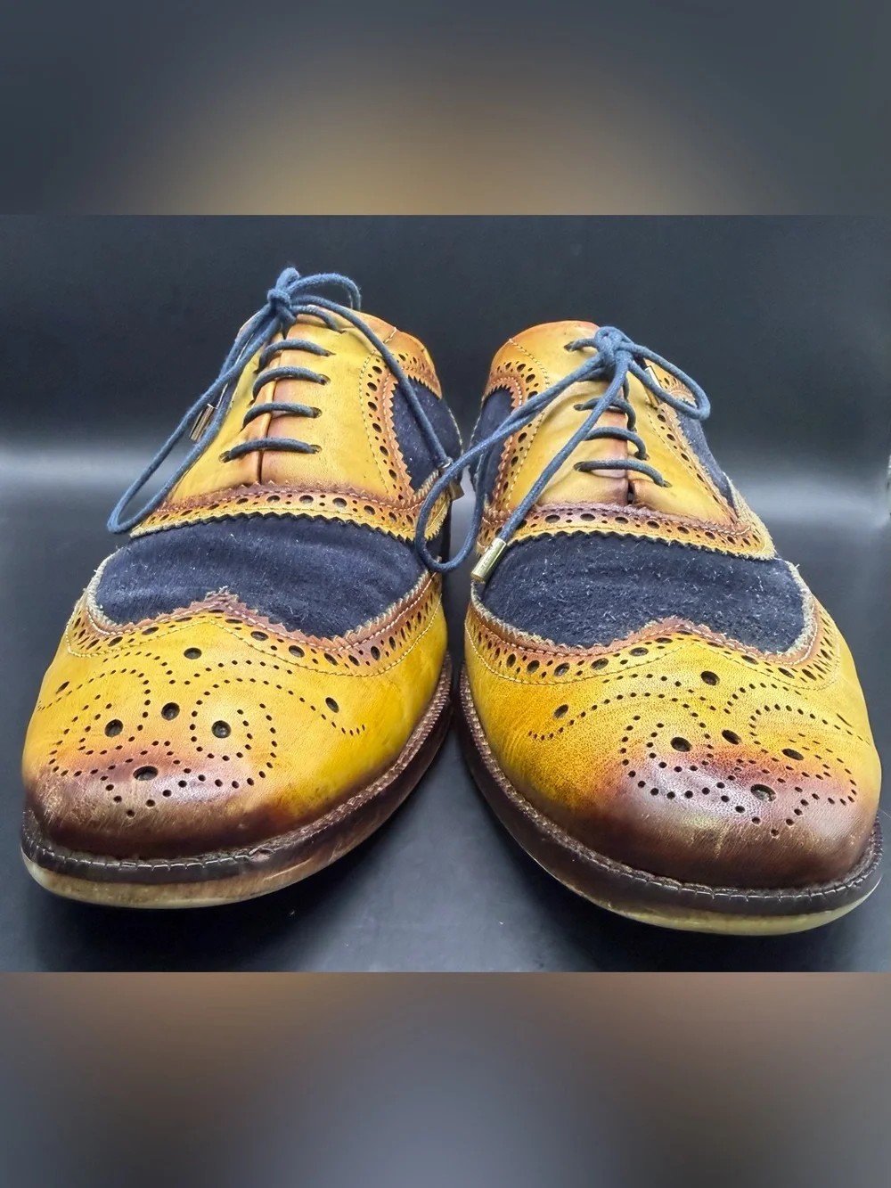 Lethato Wingtip Brogue Men's Two-Tone Brogue Oxfords - Yellow/Navy, Size:10.5/11